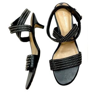 Via Spiga Black Leather Studded Ankle Wrap Strap Kitten Heels Sz 8.5